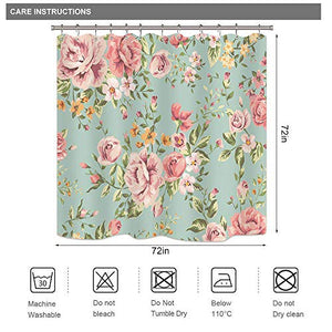 Riyidecor Fabric Pink Flower Shower Curtain for Bathroom 72Wx72H Inch Rose Floral Blooming Green Leaves for Girls Women Bathtub Accessories Decor Rustic Retro Waterproof Fabric Bathroom 12 Pack Hooks