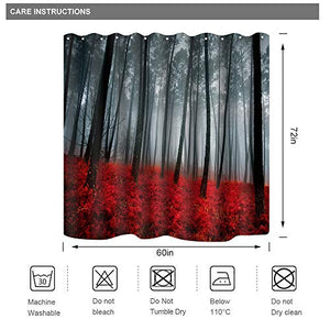 Riyidecor Fabric Forest Shower Curtain 60Wx72H Inches Black and Red Mysterious Trees Rainy Foggy Scene Modern Art Novelty Bathroom Decor 12 Plastic Hooks