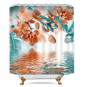 Riyidecor Teal and Orange Orchid Shower Curtain Reflection Floral Tropical Flower Leaf Painting Zen Decor Fabric Set Polyester Waterproof 72x72 Inch 12 Pack Plastic Hooks