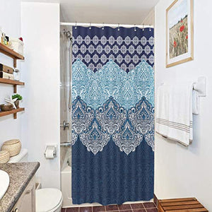 Riyidecor Boho Paisley Shower Curtain Set 36Wx72H Inch Floral India Bohemia Dark Navy Bathroom Decor Fabric Panel Polyester Waterproof with 7-Pack Plastic Shower Hooks