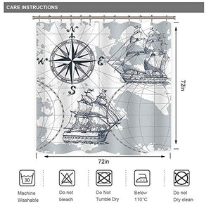 Riyidecor Nautical Sailboat Map Shower Curtain 72Wx72H Inch for Bathroom Ship Anchor Accessories for Boys Kids Sketch Pirate Ship Wheel Compass Bathtub Decor Fabric Polyester Waterproof
