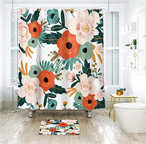Riyidecor Spring Flower Shower Curtain Set Season Floral Green Bathroom Decor Fabric Panel Polyester Waterproof 72Wx96H Inch with 12 Pack Plastic Shower Hooks