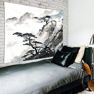 Riyidecor Japanese Tapestry Wall Hanging 59Wx51H Inch Asian Chinese Landscape Bedroom Decor for Men Painting Oriental Style Ink Watercolor Mountain Trees Black Artwork Print Indigenous Bedroom Living Room