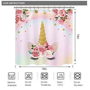 Unicorn Shower Curtain Kids Girls Pink Animals Cartoon Floral Colorful Oil Painting Decor Fabric Set Polyester Waterproof 72x72 Inch 12-Pack Plastic Hooks