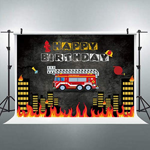 Riyidecor Firetruck Happy Birthday Party Backdrop Fireman Fire Truck Firefighter 7x5 Feet Black Red Photography Background Boy Birthday Decorations Celebration Photo Banner Photo Booth Vinyl Cloth