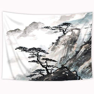 Riyidecor Japanese Tapestry Wall Hanging 59Wx51H Inch Asian Chinese Landscape Bedroom Decor for Men Painting Oriental Style Ink Watercolor Mountain Trees Black Artwork Print Indigenous Bedroom Living Room