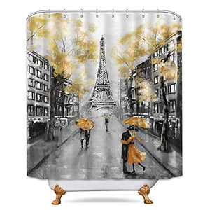 Riyidecor Paris Eiffel Tower Shower Curtain 72Wx72H Inch Black Yellow Oil Painting European City Fall Scenic Artwork Paris Themed Bathroom Decor Fabric Waterproof Home 12 Plastic Shower Hooks