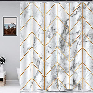 Riyidecor Marble Shower Curtain 60x72 Inch Chevron Geometric Herringbone Abstract Cute Ink Texture Chic Cool Luxurious Neutral Classy Aesthetic 12 Pack Hooks Bathroom Decor Fabric Polyester Waterproof