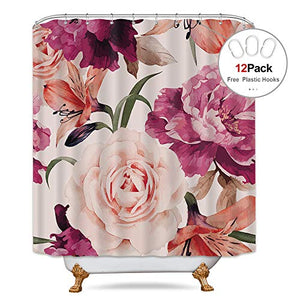 Riyidecor Floral Shower Curtain Rustic Flower Blossom Rose Girls Spring Season Home Bathroom Decor Fabric Polyester Waterproof 72W x 72H with 12 Pack Plastic Shower Hooks…