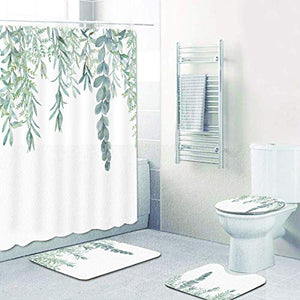 Riyidecor Green Leaves Shower Curtain 60Wx72H Inch with 3 Piece Bathroom Rug Set Metal Hooks Watercolor Botanical Bath Contour Mat Toilet Lid Cover U Shaped Non-Slip Washroom Decor Shower Accessories