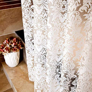 Riyidecor White Floral Damask Shower Curtain Panel 96W x72H Inches Decor Fabric Bathroom Set Polyester Waterproof 17 Pack Metal Hooks with 3 Magnets