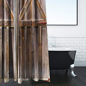 Riyidecor Stall Wooden Barn Door Shower Curtain 36Wx72H Inch Rustic Farmhouse Wood Western Country Brown Vintage Gate Fabric Polyester Waterproof Bathroom Home Decor 7 Pack Plastic Hooks