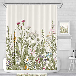 Riyidecor Extra Long Wild Flower Shower Curtain for Bathroom Decor 72Wx96H Inch Vintage Botanical Colorful Border Accessories Herbs Bathroom Set Windows Fabric Polyester Waterproof 12 Pack Hooks