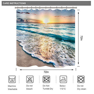Riyidecor Beach Shower Curtain Sunrise Summer Ocean Coastal Sunrise Hawaiian Cool Sea Wave Seaside Scene Island Blue Fabric Set Waterproof 72x72 Inch 12 Pack Hooks Bathroom Decor