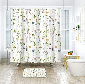 Riyidecor Fabric Floral Shower Curtain 72Wx72H Inch Botanical Plant Green Leaves Flower Watercolor Herbs Decor Bathroom Bathtub Accessories for Girl Women 12 Pack Plastic Shower Hooks Included