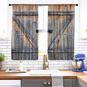 Riyidecor Wooden Barn Doors Kitchen Curtains Rustic Rod Pocket Retro Brown Woods Shabby Chic Farmhouse Printed Living Room Bedroom Window Drapes Treatment Fabric 2 Panels 55 x 39 Inch