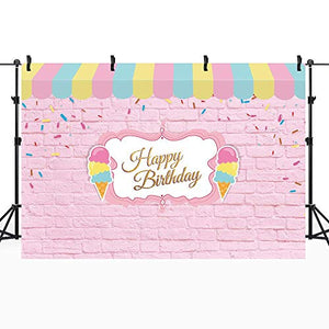 Riyidecor Ice Cream Backdrop Parlor Shop Happy Birthday Cartoon Pink Blue Girl Child Photography Background Party 7x5ft Celebration Props Party Photo Shoot Backdrop Blush Vinyl Cloth