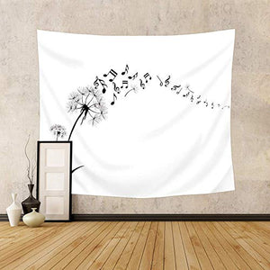 Riyidecor Music Dandelions Bloom Flower Tapestry 51x59 Inch Flying Music Notes Wind Spring Silhouette Black and White Botanical Wall Hanging Blankets Bedroom Living Room Art Home Decor