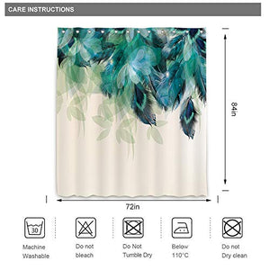 Riyidecor Extra Long Watercolor Peacock Feather Shower Curtain for Bathroom Decor 72Wx84H Inch Teal Green Leaf Bathtub Accessories for Women Girls Turquoise Floral Set Fabric Waterproof 12 Pack Hook