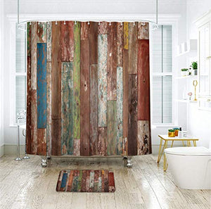 Riyidecor Antique Wooden Shower Curtain 72x78 Inch Metal Hooks 12 Pack Red Blue Grey Grunge Rustic Planks Barn House Wood and Lodge Hardwood Decor Fabric Bathroom Waterproof
