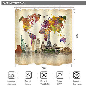 Riyidecor World Map Shower Curtain Travel Vintage Wanderlust Landmark Spot Cultural Statue of Liberty Big Ben Decor Fabric Set Polyester Waterproof 72x72 Inch with 12 Pack Hooks