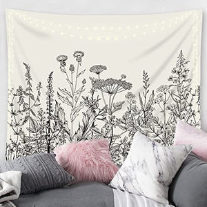 Riyidecor Plant Floral Tapestry Herbs Wild Flower 80Wx60H Inch Nature Botanical Vintage Blossom Garden Aesthetic Sketch Trendy Modern Wall Hanging Bedroom Living Room Decor