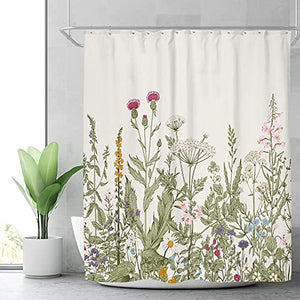 Riyidecor Extra Long Wild Flower Shower Curtain for Bathroom Decor 72Wx84H Inch Vintage Botanical Colorful Border Accessories Herbs Bathroom Set Windows Fabric Polyester Waterproof 12 Pack Hooks