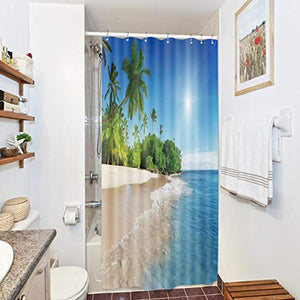 Riyidecor Stall Ocean Coastal Shower Curtain 36Wx72H Summer Beach Seaside Scene Palm Trees Island Blue Decor Fabric Set Polyester Waterproof 7 Pack Plastic Hooks