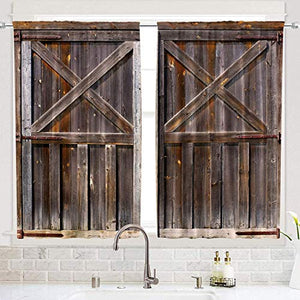 Riyidecor Rustic Wooden Barn Doors Kitchen Curtains Old Countryside Rod Pocket Woods Retro Brown Farmhouse Printed Living Room Bedroom Window Drapes Treatment Fabric 2 Panels 55 x 39 Inch