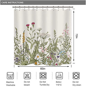 Riyidecor Fabric Green Leaves Shower Curtain for Bathroom Decor 60Wx72H Inch Floral Flower Botanical Decorative Bath Set Plants Herbs Bathroom Accessories Polyester Waterproof 12 Pack Hooks