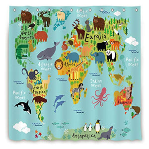 Riyidecor Kids Animal Map Shower Curtain Geography World Educational Children Forest Ocean Blue Colorful Decor Fabric Set Polyester Waterproof Fabric 72Wx72H Inch with 12 Pack Plastic Hooks