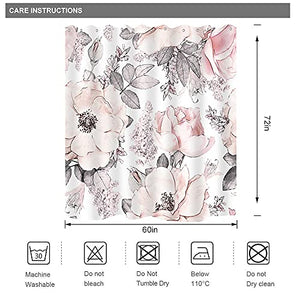 Riyidecor Watercolor Flowers Shower Curtain Floral 60Wx72H Inch Pink Grey Blossom Spring Rose Waterproof Fabric Modern Polyester Bathroom Bathtub Decoration 12 Pack Plastic Hooks…