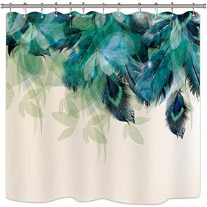 Riyidecor Watercolor Peacock Feather Shower Curtain for Bathroom Decor 72Wx72H Inch Teal Green Leaf Bathtub Accessories for Women Girl Vintage Turquoise Floral Panel Set Fabric Waterproof 12 Pack Hook