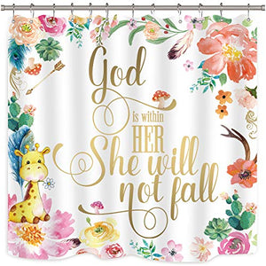 Riyidecor Floral Quotes Shower Curtain Girls Colorful Spring Watercolor Flower Saying Animals Feather Botanical Inspirational Woman Fabric Waterproof Home Bathtub Decor 12 Pack Plastic Hook 72x72Inch