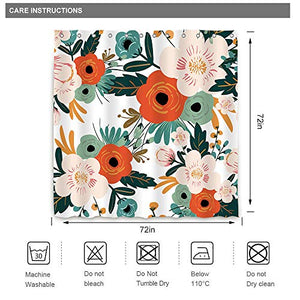 Riyidecor Fabric Spring Flower Shower Curtain for Bathroom Decor 72Wx72H Inch Red Floral Green Leaf Bathtub Accessories for Girl Women Herb Botanical Decorative Set Polyester Waterproof 12 Pack Hooks