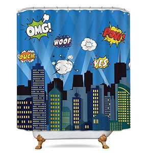 Riyidecor Superhero Shower Curtain Comic Kids Boys Avengers Marvel Cartoon 72x72 Inch Retro Fun Panel Buildings Cityscape City Cartoon Skyline Pop Creative Boom Bang Decor Fabric Polyester Waterproof