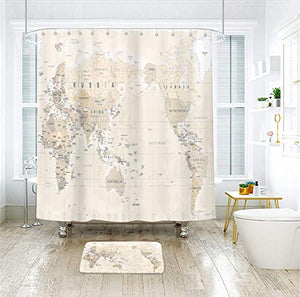 Riyidecor World Map Shower Curtain Travel Educational Vintage Geography Retro Countries Capital The Earth Decor Bathroom Fabric Set Polyester Waterproof Fabric 72Wx72H Inch 12 Pack Plastic Hooks
