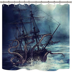 Riyidecor Octopus Ocean Kraken Nautical Shower Curtain Pirate Ship Boys Kids Steampunk Sailboat Bathroom Decor Fabric Polyester Waterproof 72x72 Inch with 12 Pack Hooks