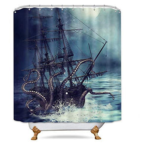 Riyidecor Octopus Ocean Kraken Nautical Shower Curtain Pirate Ship Boys Kids Steampunk Sailboat Bathroom Decor Fabric Polyester Waterproof 72x72 Inch with 12 Pack Hooks