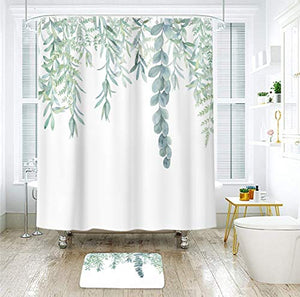 Riyidecor Green Leaves Shower Curtain 54Wx78H Inch Watercolor Spring Botanical Plant Branch Bouquet Fabric Waterproof Home Bathtub Decor 7 Pack Plastic Hook