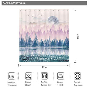 Riyidecor Watercolor Forest Shower Curtain 72x72 Inch Misty Blue Pink Purple Mountain Moon Foggy Scenery Landscape Magical Nature Waterproof Fabric Polyester Bathroom Decor Set 12 Pack Plastic Hooks