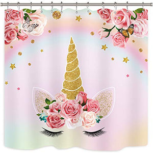 Unicorn Shower Curtain Kids Girls Pink Animals Cartoon Floral Colorful Oil Painting Decor Fabric Set Polyester Waterproof 72x72 Inch 12-Pack Plastic Hooks