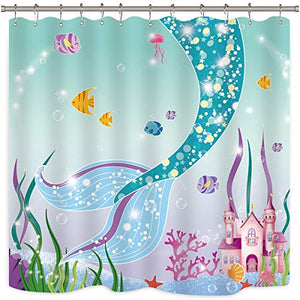 Riyidecor Mermaid Tail Shower Curtain Sea Fish Scales Bath Curtain Sea Sirens Fish Image Blue Pink Cartoon Castle Colorful Fair Tale Fabric Bathroom Decor Set with Hooks 72x72Inch