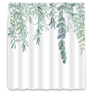 Riyidecor Green Leaf Shower Curtain 72Wx84H Inch Plant Eucalyptus Organic Green Bathroom Accessories Fabric Waterproof Home Bathtub Decor 12 Pack Plastic Hook