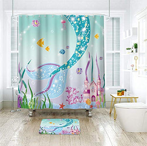 Riyidecor Mermaid Tail Shower Curtain Sea Fish Scales Bath Curtain Sea Sirens Fish Image Blue Pink Cartoon Castle Colorful Fair Tale Fabric Bathroom Decor Set with Hooks 72x72Inch