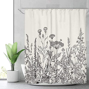 Riyidecor Wild Floral Shower Curtain Botanical Herbs Tulip Plant Nature Blossom Flower Leaf Sketch Gross Waterproof Fabric 60Wx72H Inch Polyester Bathroom Bathtub Decoration 12 Pack Plastic Hooks