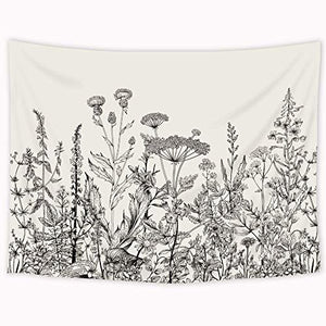 Riyidecor Plant Floral Tapestry Herbs Wild Flower 80Wx60H Inch Nature Botanical Vintage Blossom Garden Aesthetic Sketch Trendy Modern Wall Hanging Bedroom Living Room Decor