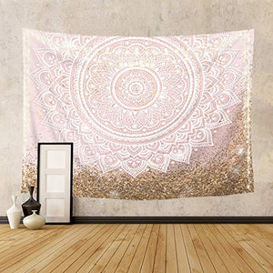 Riyidecor Pink Mandala Flower Tapestry Gold Glitter Damask Floral Boho Bohemia 51x59 Blossom Girly Abstract Simple Modern Printed Decoration Bedroom Living Room Dorm Wall Hanging