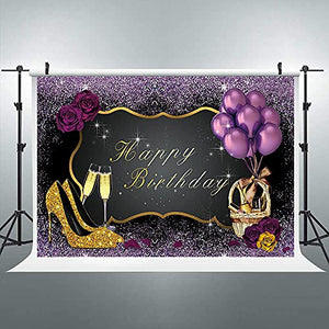 Riyidecor Gold Purple Birthday Woman Backdrop High Heels Champagne Glass Photography Background 30th 40th Adult Woman Elegant 5x3 Feet Cake Table Banner Birthday Decor Props Party Photo Shoot Vinyl