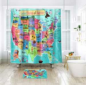 Riyidecor Fabric Map Shower Curtain for Bathroom 72Wx72H Inch USA Map Curtain Sets for Kids Boys Cartoon Animal Educational Geography Bathroom Accessories Bathtub Home Decor 12 Pack Hooks